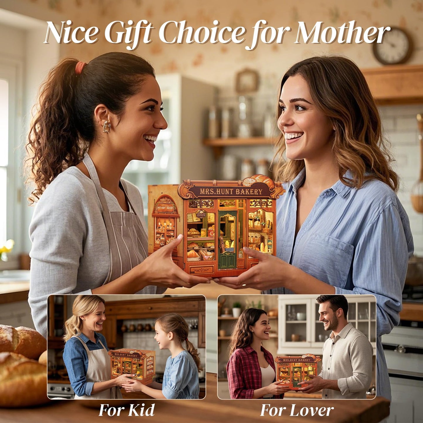 Cutefun Book Nook Kit - DIY Miniature Bread Shop Booknook Kits for Adults and Teens, 3D Wooden Puzzle Bookend Bookshelf with LED Light, Creative Crafts Gifts for Book Lovers (Mrs.Hunt Bakery)