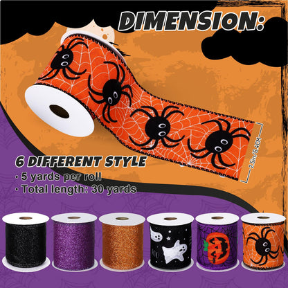 Whaline 6 Rolls Halloween Wired Edge Ribbon 2.5 Inch 30 Yards Glitter Purple Orange Black Ghost Boo Pumpkin Spider Printed Ribbon for Bow Wreath Craft Gift Wrap Party Decor