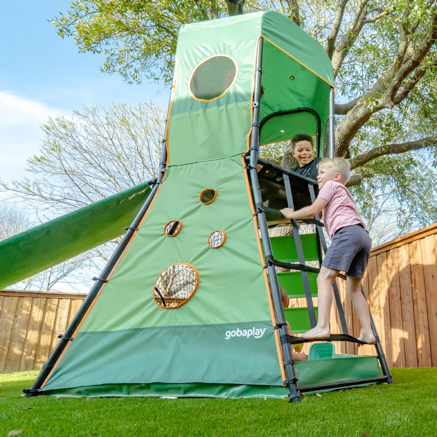 gobaplay SummitPro Climbing Tower with Slide, 600 lb Capacity, Green - Outdoor Backyard Playset with Climbing Walls and Sandbox for Kids 6+