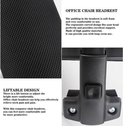 Black Mesh Office Chair Headrest Attachment, Adjustable Height Angle Head Support Cushion for Ergonomic Office Chair