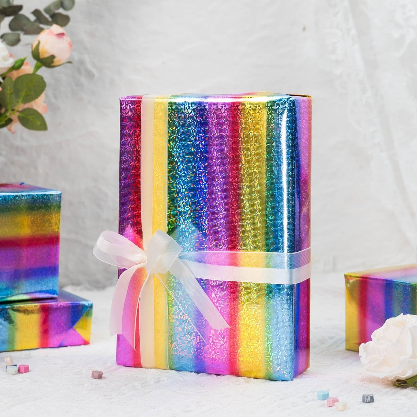 Merture 17 In X 33 Ft (46.5 sq.ft.) Rainbow Holographic Wrapping Paper Roll, Striped Glitter Gift Wrap for Disco Party, Wedding, Birthday, Christmas, Bridal Shower, Graduation