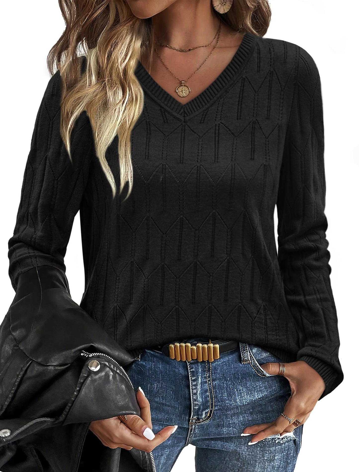 OFEEFAN Womens Sweaters Long Sleeve Shirts Fall Outfits 2025 V Neck Soft Knit Pullover Trendy Tops Dressy Casual Blouses