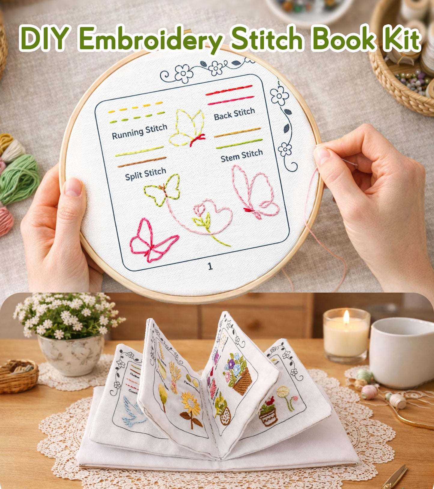 CIZULFY Beginner Embroidery Stitch Book Kit with Pre-Printed Fabric, 30 Essential Stitches and Practice Patterns(Floral Animal etc), Embroidery Beginner kit Adult with Tool and Video Guide