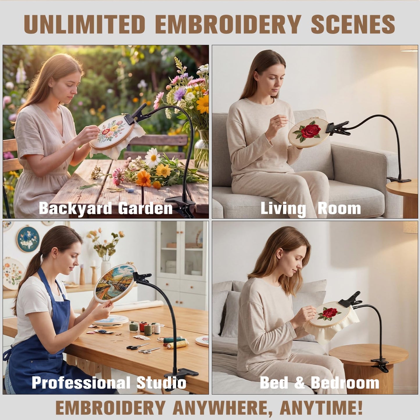 Adjustable Embroidery Hoop Stand Holder, 20" Extra Long Portable Gooseneck Embroidery Stand, Heavy Duty Cross Stitch Table Clamp for DIY Needlework Art Craft Sewing Projects