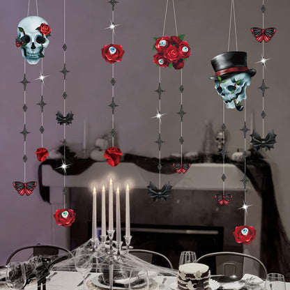Cheerland Skull Rose Halloween Decorations Red Rose Skull Garlands Gothic Party Decorations Hanging Skeleton Streamers Witchy Decor Gothic Birthday Decoration Spooky Red Black Skull Banner Supplies