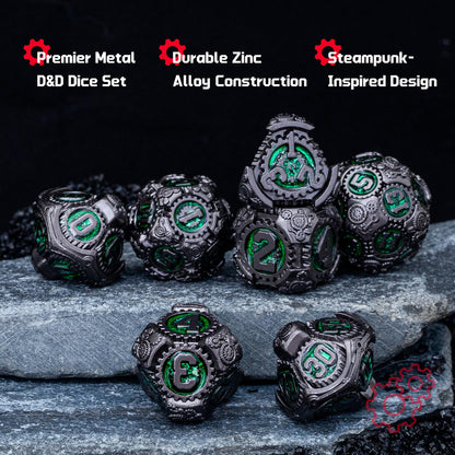 Rolledomain Metal DND Dice Set, Green Steampunk Machinist Gear Heavy Metal Dice Set with Gift Case, Dice Gift for D&D DM and Players, Designed for Dungeons and Dragon, MTG, TTRPG Role Playing Games