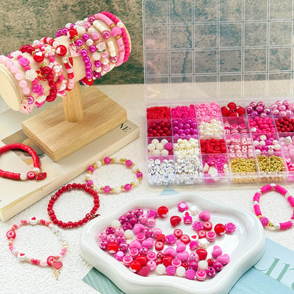 1800PCS+ Valentine’s Day Beads for Bracelets Jewelry Making Set, Pink Red Polymer Clay Beads Assorted Pearl Acrylic Heart Bead Letter Spacer Flower Bead and Heart Charms for Necklace Bracelets Making