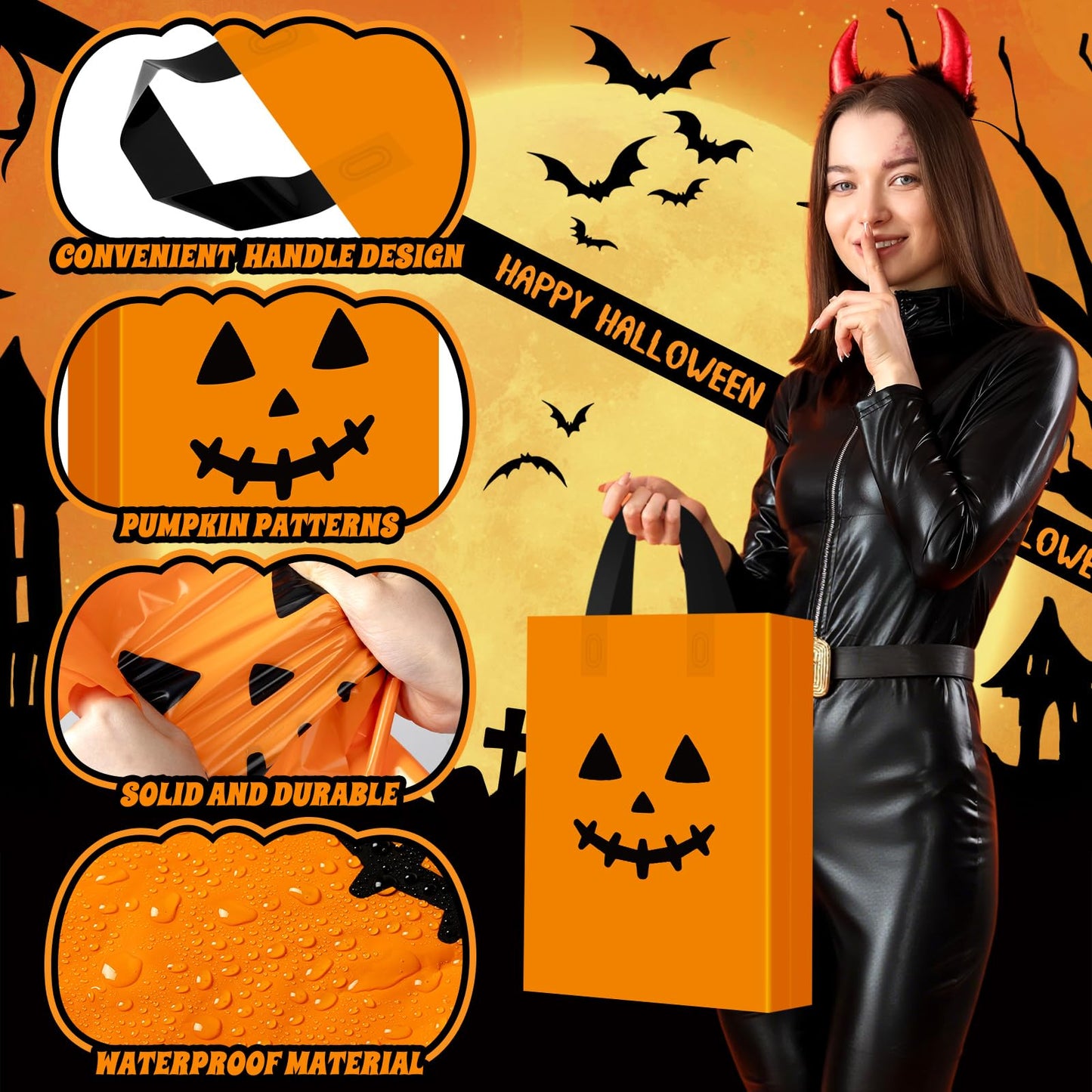 Gersoniel 48 Pcs Halloween Plastic Gift Bags with Handle Treat or Trick Pumpkin Tote Bags Candy Goodie Bag for Home Treat or Trick Halloween Party Favor Supplies Decorations