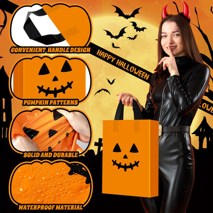 Gersoniel 48 Pcs Halloween Plastic Gift Bags with Handle Treat or Trick Pumpkin Tote Bags Candy Goodie Bag for Home Treat or Trick Halloween Party Favor Supplies Decorations