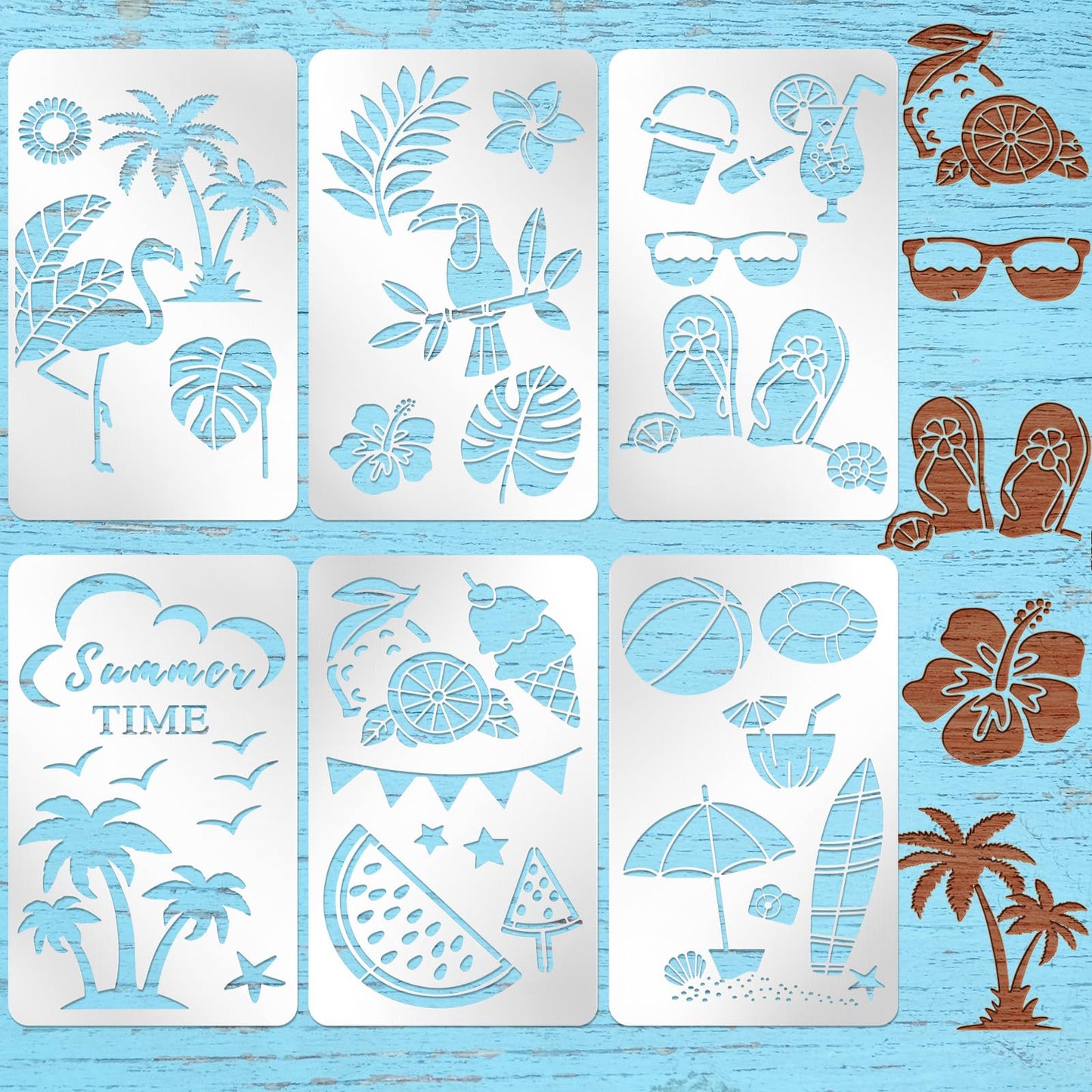 Lewtemi 6 Pcs Mixed Metal Stencil Wood Stencil Templates Stencils for Journaling Burning Stencils for Wood Carving Drawing Engraving Scrapbooking Journal Craft DIY (Summer Style)