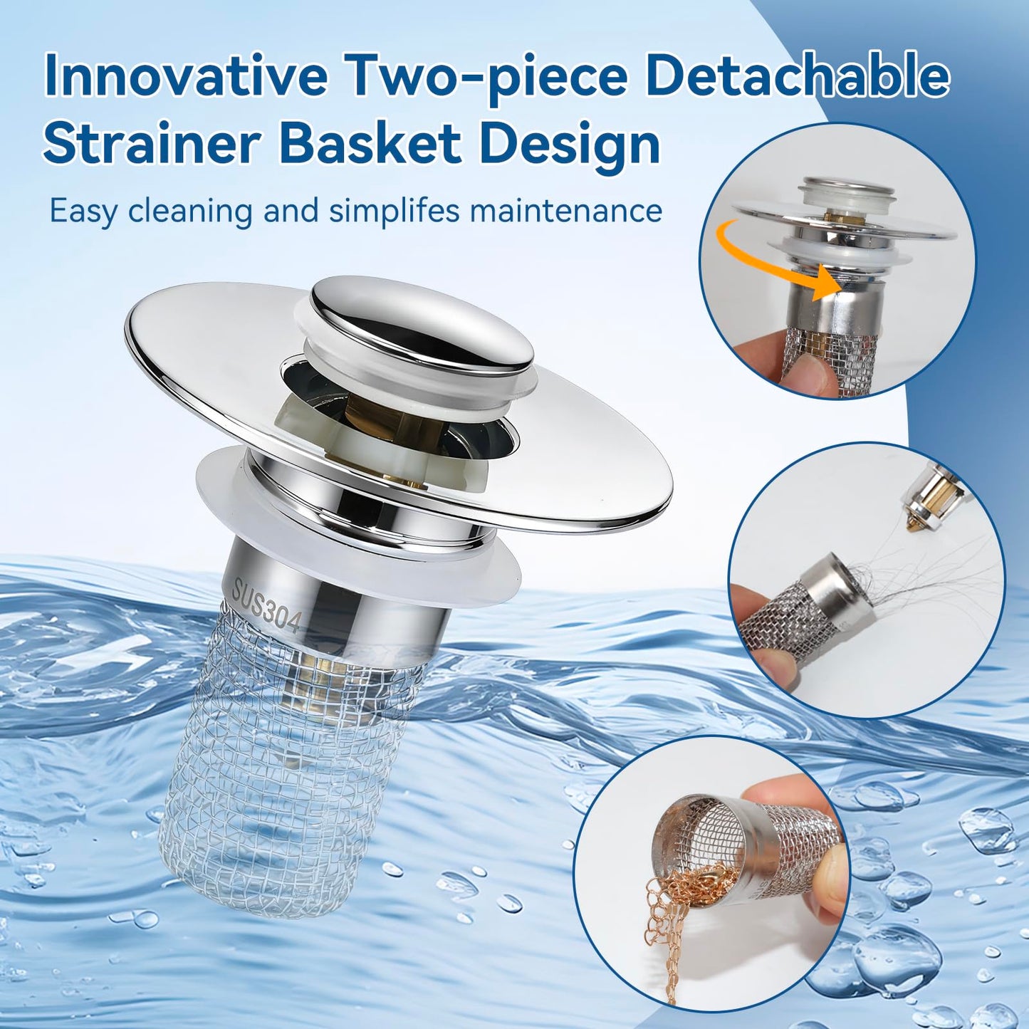 Universal Bathroom Sink Stopper & Hair Catcher, Stainless Steel Drain Filter Strainer, Anti-Clog Pop Up Drain Stopper for US Standard Bathroom Sinks(2PCS)