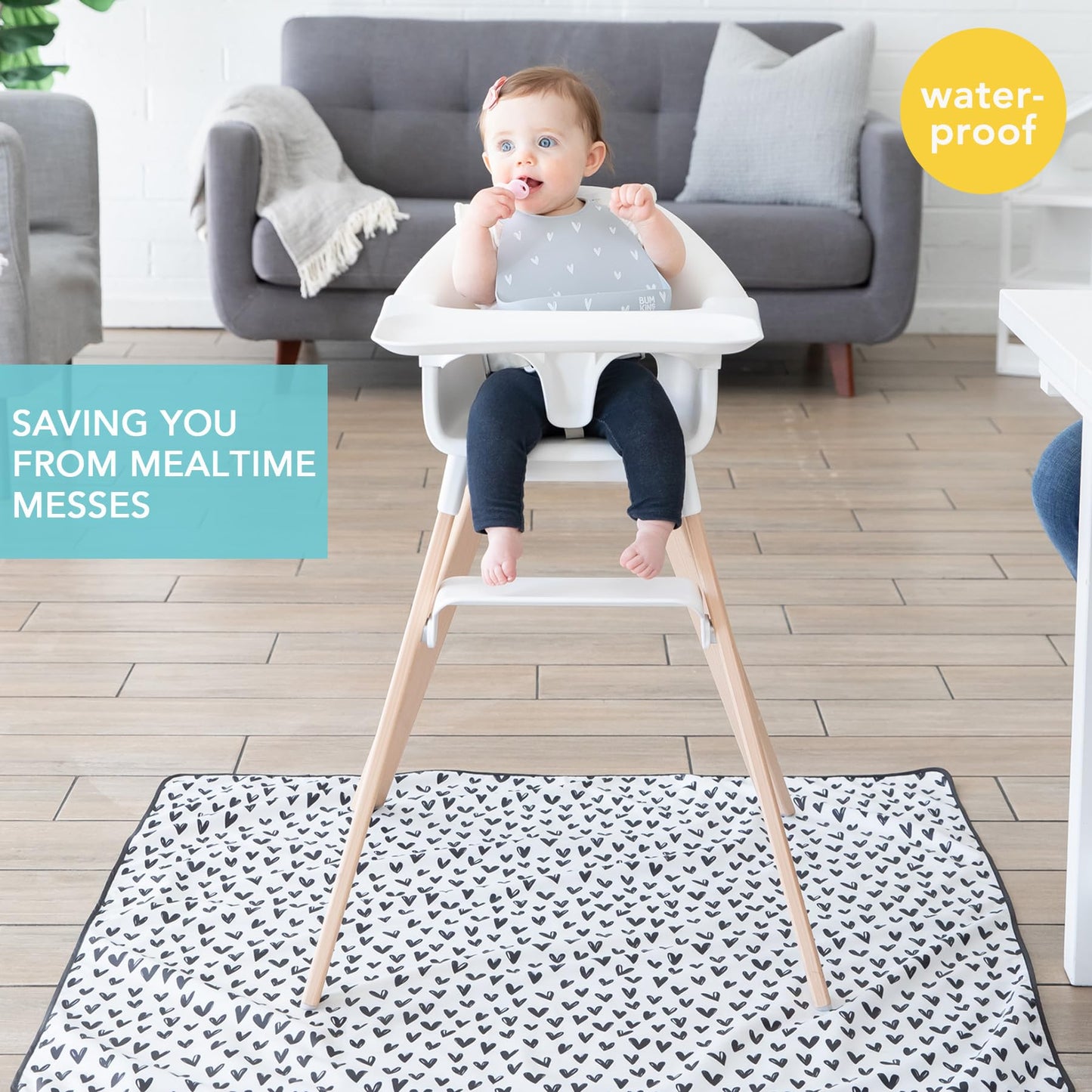 Bumkins Baby Splat Mat for Under High Chair, Babies Toddlers Eating Mess Mat, Waterproof Reusable Cloth for Arts and Crafts, Playtime Mat for Kids, Floors or Tables, Fabric 42inx42in, Black Hearts