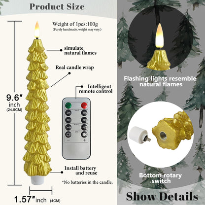 FCMSHAMD Golden & Silver Christmas Trees Flickering Flameless Candles with Remote and Timer, Real Wax 3D Flame Wick LED Candles, 9.8 Inch Battery Operated Candles for Christmas Home Decoration，4PCS