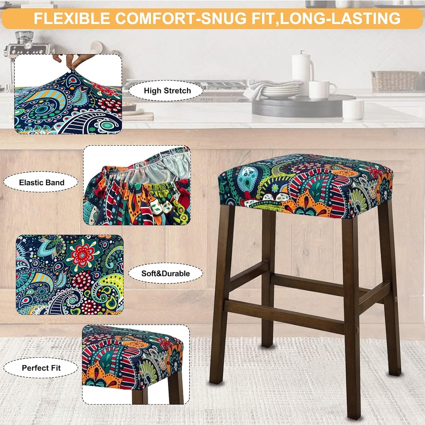 Counter C,2 Pack NeColorLife Stool Covers Rectangle Printed,Stretch Waterproof Saddle Seat Covers for Height
