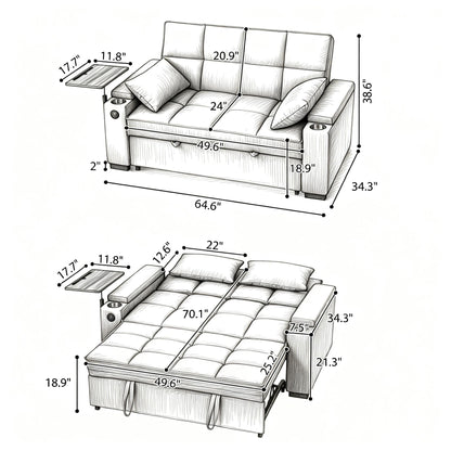 Eafurn Convertible Sleeper Sofa Bed with 360° Swivel Table & USB Ports, Tufted Chenille Loveseat Pull-Out Couch with Storage Armrest & Cup Holders, 6-Level Adjustable Backrest