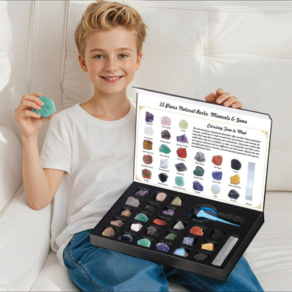 HEMYLU Rock Collection for Kids, 25PCS Crystal Gem Mineral Collection Set Box Gift for Boys and Girls, Natural Gemstone with Learning Guide Education Set