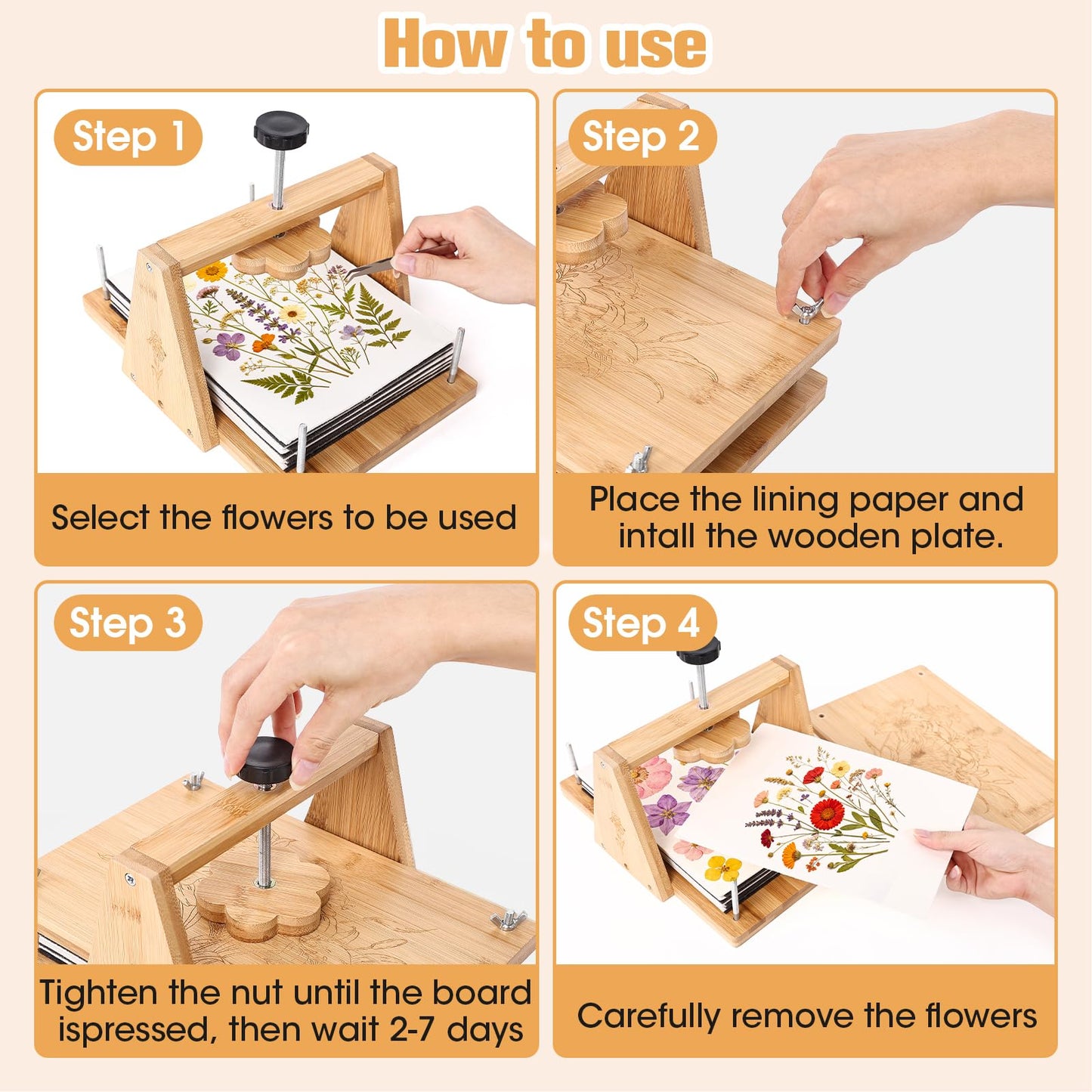 Bemoauty Flower Pressing Kit for Adults and Teens, 6 Layers Wood Flower Press 11.8" x 8", Flower Preservation Kits with 6 Sponge Sheet, Drying Plates and 24 Lining Papers, DIY Art & Crafts Gift
