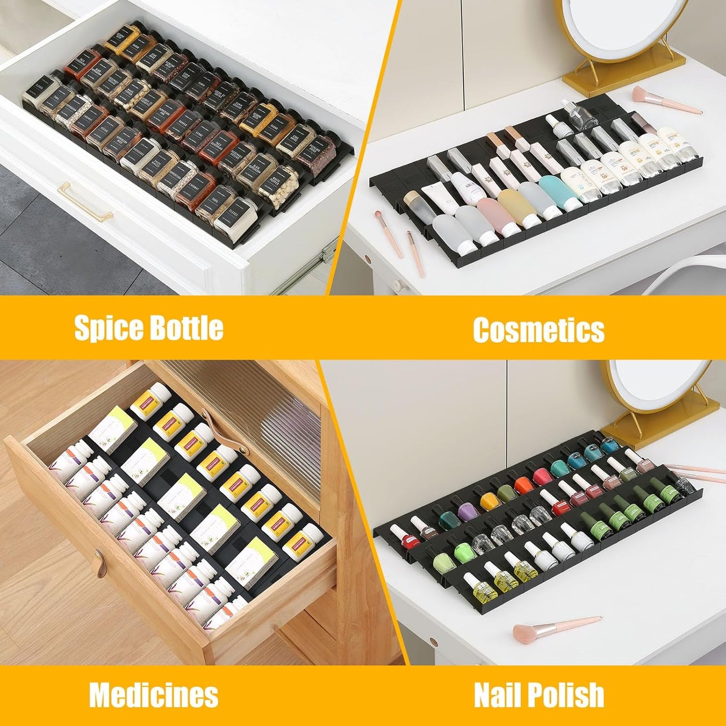 24PCS Famhap Spice Drawer Organizer, Interlocking Expandable Seasoning Rack Tray Insert for Kitchen Drawers, Spice Rack