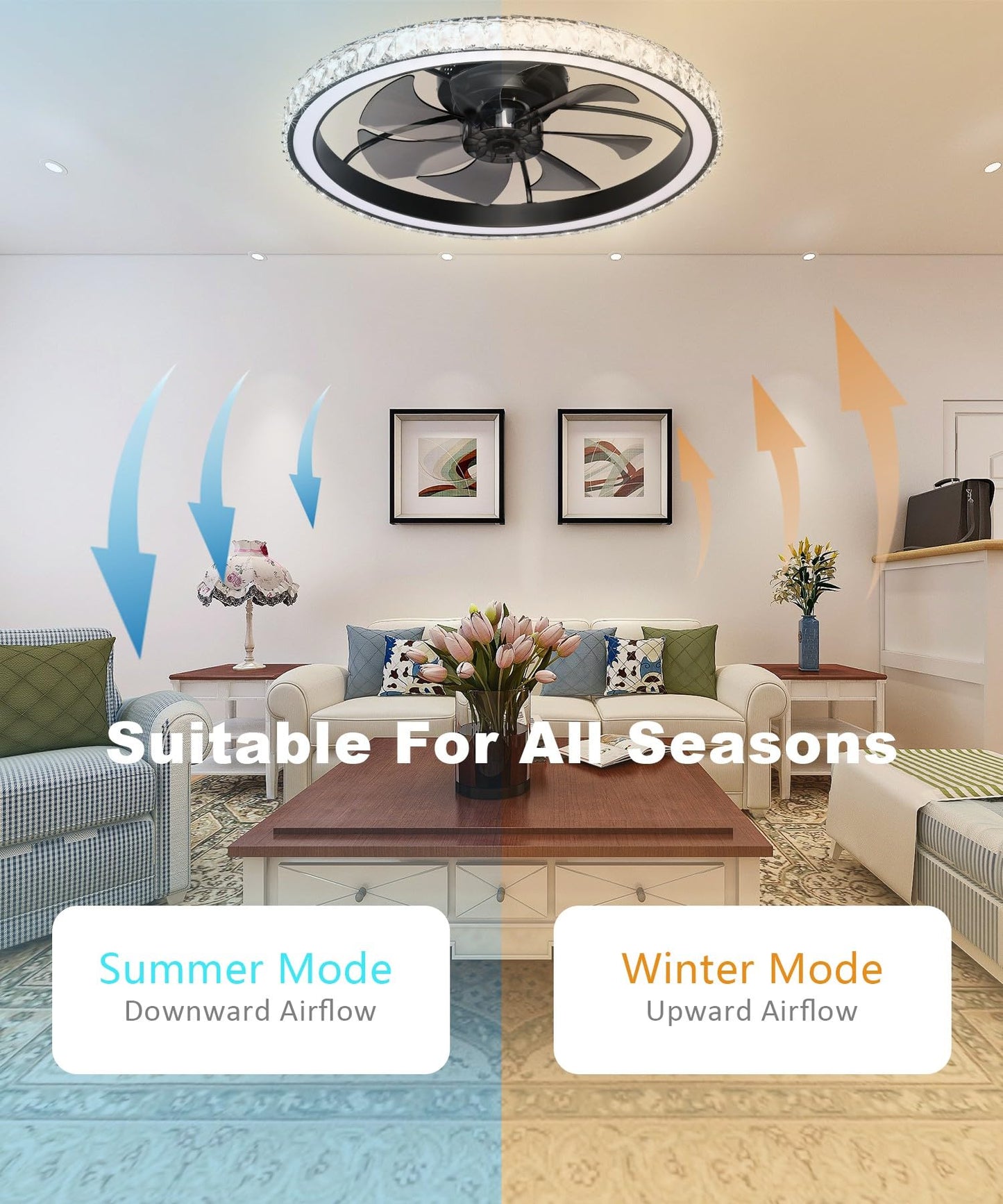 Aipsun 26" Low Profile Modern Crystal Chandelier Ceiling Fans with Lights and Remote, 3000K-6500K Smart Bladeless LED Fan Light, Black Modern Ceiling Fans with Lights for Bedroom
