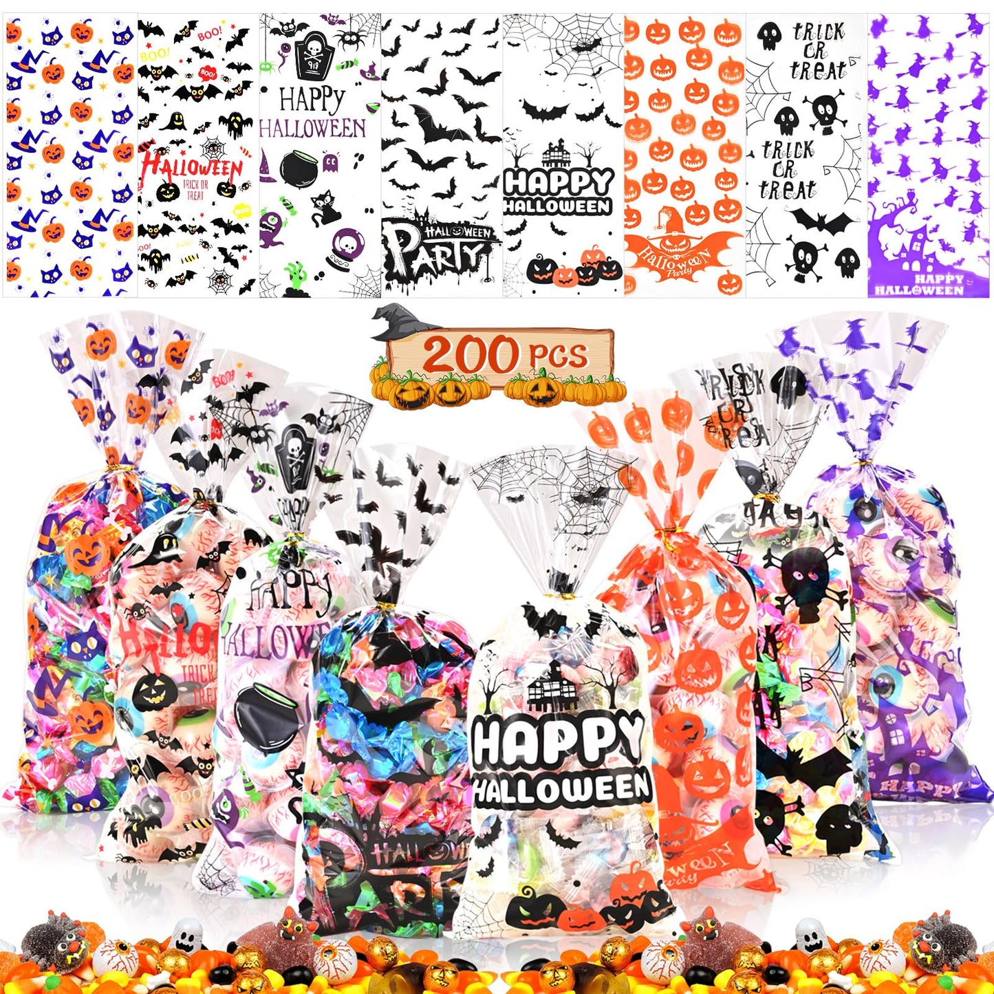 AhfuLife 200PCS Halloween Cellophane Treat Bags, 8 Designs Halloween Clear Candy Bags with Twist Ties for Treat or Treating, Snack Goodie Bags for Party Supplies Favors