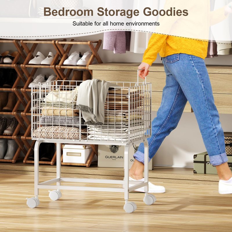 Wire Laundry Hamper Cart,80L Laundry Hamper Trolley with Pull Handle,White High Laundry Basket Cart for Laundry Room,Bathroom,Bedroom-White（23.6 * 15.75 * 28inch）