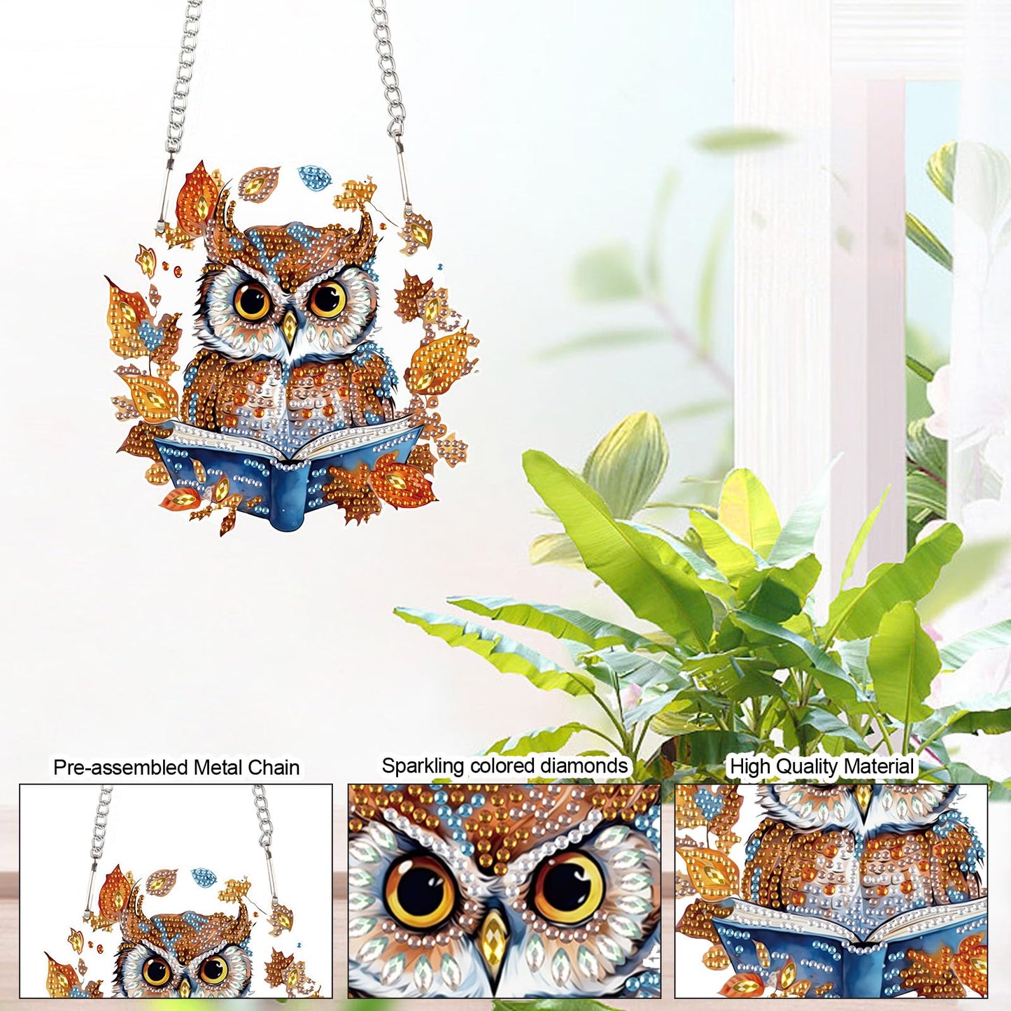 AiYuanzsh Owl Diamond Painting Hanging Kit, 5D DIY Acrylic Special Shaped Rhinestone Diamond Art Pendant Ornament with Leaf Wreath for Wall, Door, or Garden Decor, Birthday & Holiday Gift for Adults