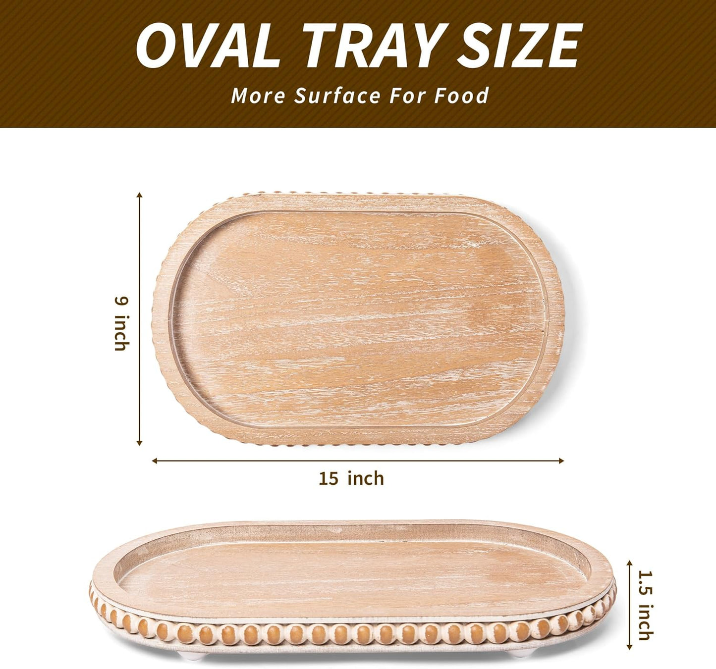 15in Counter,Living HPC Decor Oval Tray for Home Decor - Brown Wood Beaded Tray - Decorative Serving Tray,Rustic