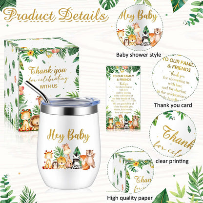 Hoolerry 6 Set Baby Shower Game Prizes for Guests Winners 12 oz Insulated Stainless Steel Tumbler Cup with Lids, Straws, Cleaning Brush, Cards & Boxes Return Gifts(Green,Safari Animals)