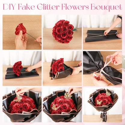 Complete Floral DIY Kit 24 Pcs Glitter Roses Bouquet Making Set with 12 Butterflies, Wrapping Paper, Cards, Ribbon & Crown Eternal Handmade Gift for Birthday, Anniversary, Mother's Day, Wedding (Red)