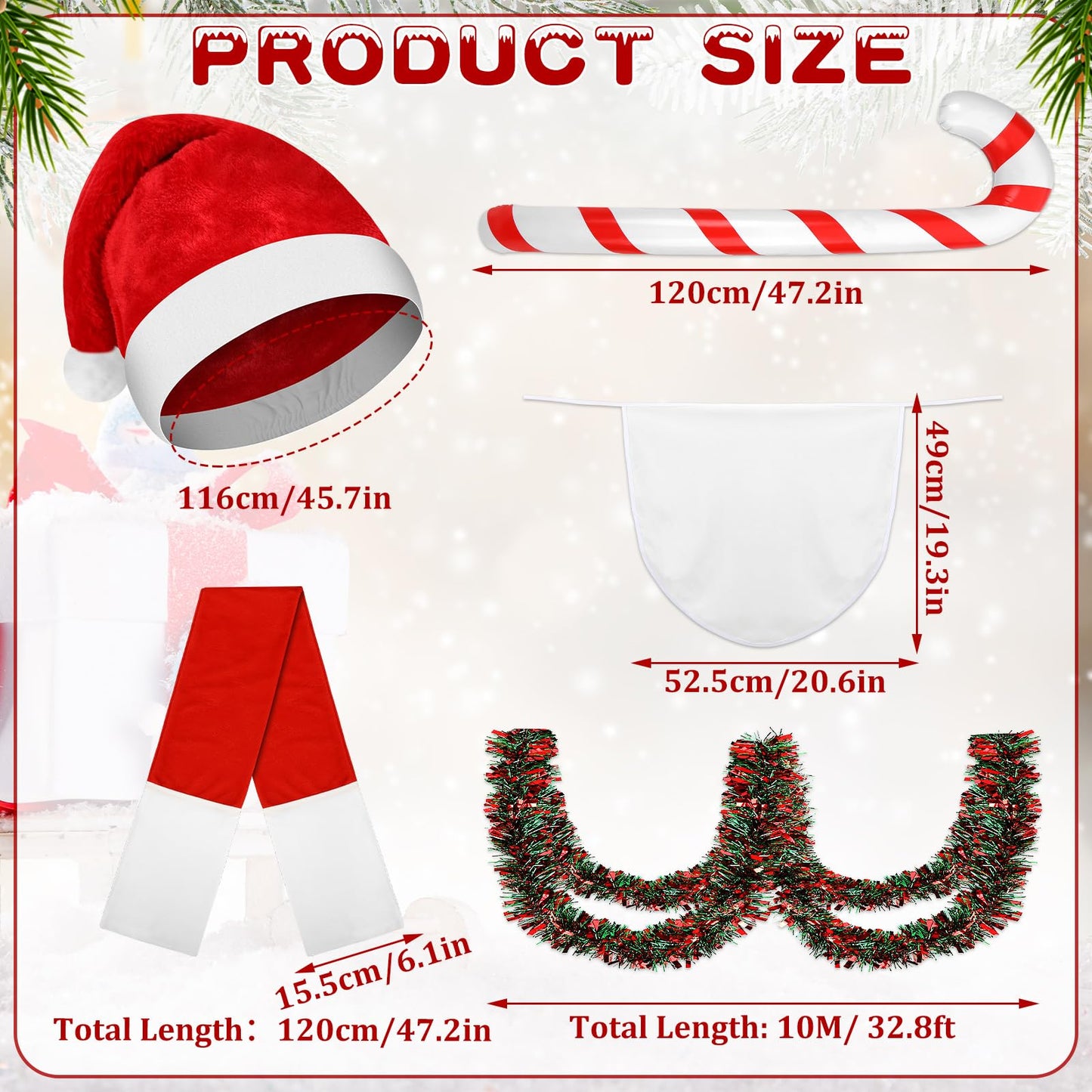 DECYOOL 12 ft Skeleton Santa Outfit, Christmas Skeleton Costume Accessories Set Santa Hat Scarf Beard Tinsel Garlands and Inflatable Candy Cane for Outdoor Indoor Garden Props Festival Decor