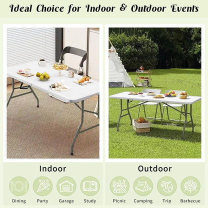Fivenl 2 Pack 6 FT Folding Tables White Foldable Table, Fold-in-Half with Carrying Handle Portable Plastic Rectangular Table for Party, Dining, Wedding, Camping, Picnic, Indoor Outdoor Events