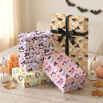 Summer Ghost Wrapping Paper for Kids, 12 Sheets Cute Beach Halloween Wrapping Paper, Kawaii Pastel Spooky Surf Ice Cream & Tropical Designs for Birthday Summer Holiday Party Decor, 19.7 x 27.6 Inch
