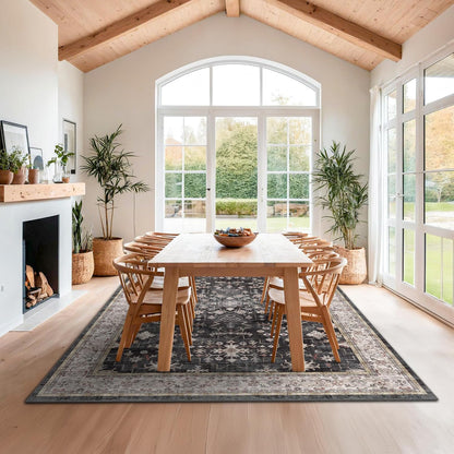 Boho Black Rug - Washable 10x14 Area Rug for Living Room | Soft Low Pile Carpet, Non-Slip & Stain Resistant