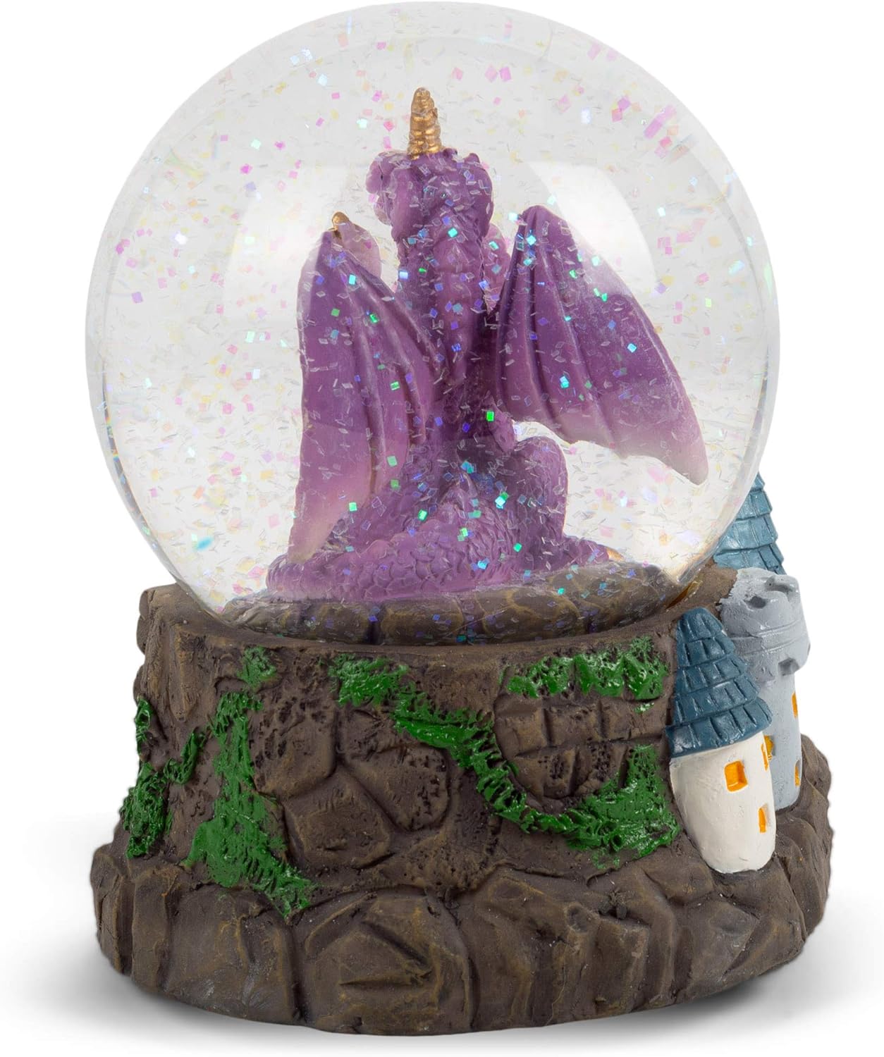 Elanze Designs Purple Dragon with Orb on Castle Tabletop Figurine Decoration, 100MM Glitter Water Musical Snow Globe