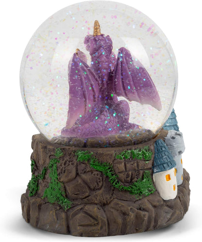 Elanze Designs Purple Dragon with Orb on Castle Tabletop Figurine Decoration, 100MM Glitter Water Musical Snow Globe