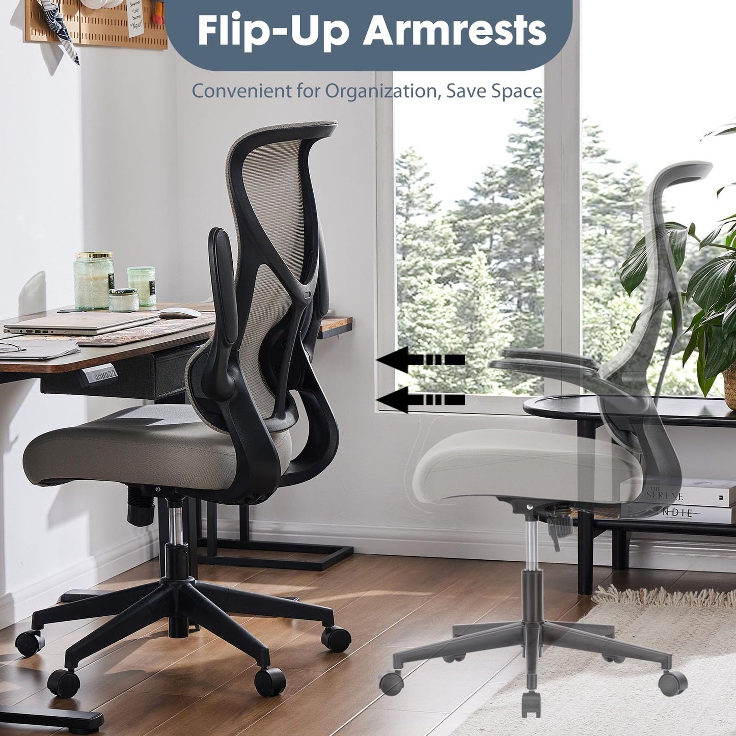 Sweetcrispy High Back Office Chair - Ergonomic Computer Gaming Mesh Chairs with Lumbar Support, with Soft Flip Up Arms, Adjustable Height and 360° Wheels, 120° Tilt, Grey