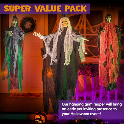 JOYIN 3 Pack Hanging Skeleton Ghost Halloween Decorations,Grim Reapers for Halloween Outdoor Decorations(One 35" Hanging Ghost Skeleton and Two 25" Hanging Reapers)