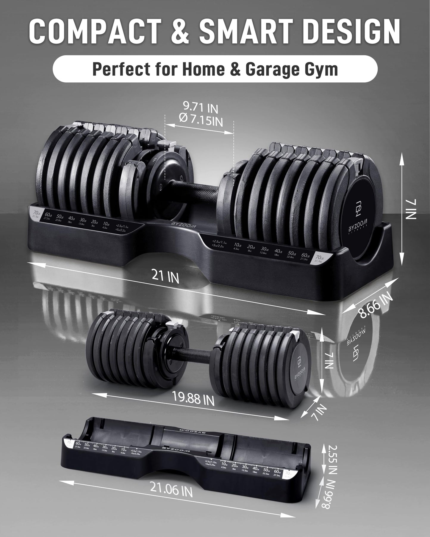 BYZOOM FITNESS Pure Series 75LB Adjustable Dumbbell SINGLE UNIT - 21-in-1 Flexible Hand Weights with Precision Micro Plate for Harcore Users Home Gym, Strength Training & Fitness Workouts, Black
