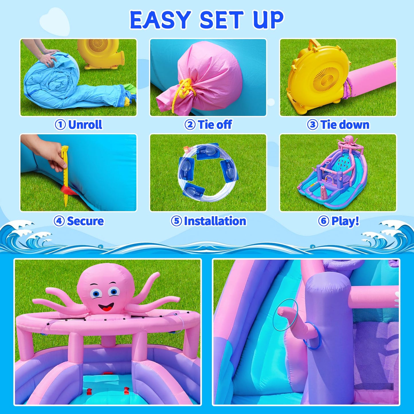 Easyair Inflatable Bounce House Water Slide Combo, Blow Up Water Slides for Backyard, Kids Jumper with Climbing Wall, Basketball Hoop, Splash Pool with Blower