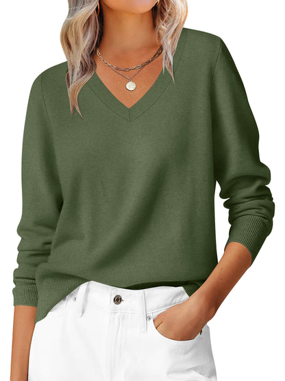 ANRABESS Womens Long Sleeve V Neck Sweaters 2025 Fall Casual Classic Soft Loose Fit Basic Pullover Jumper Top