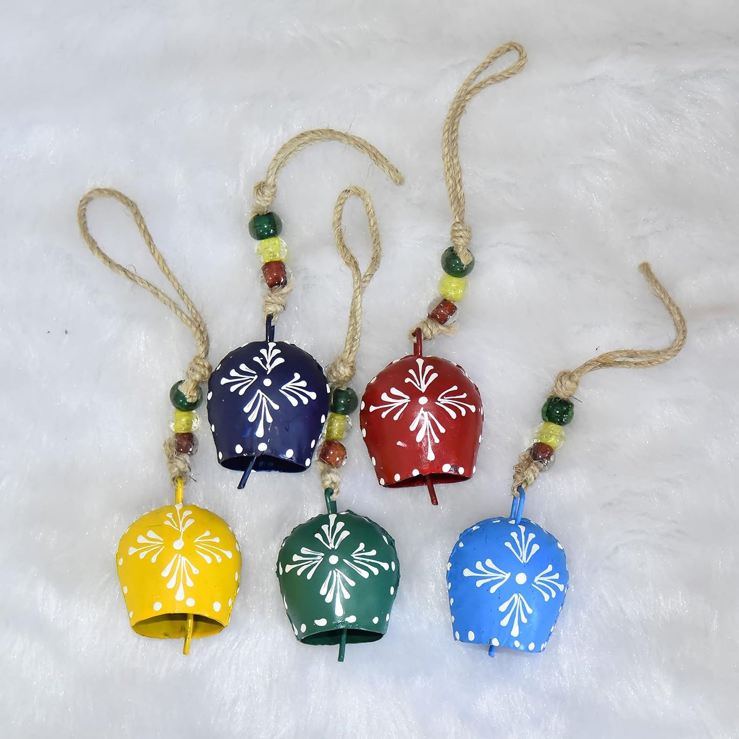 Set of 5 Painted Bells - 7cm Hanging Harmony Multicolor Metal Bells on Rope, Farmhouse Wall Décor