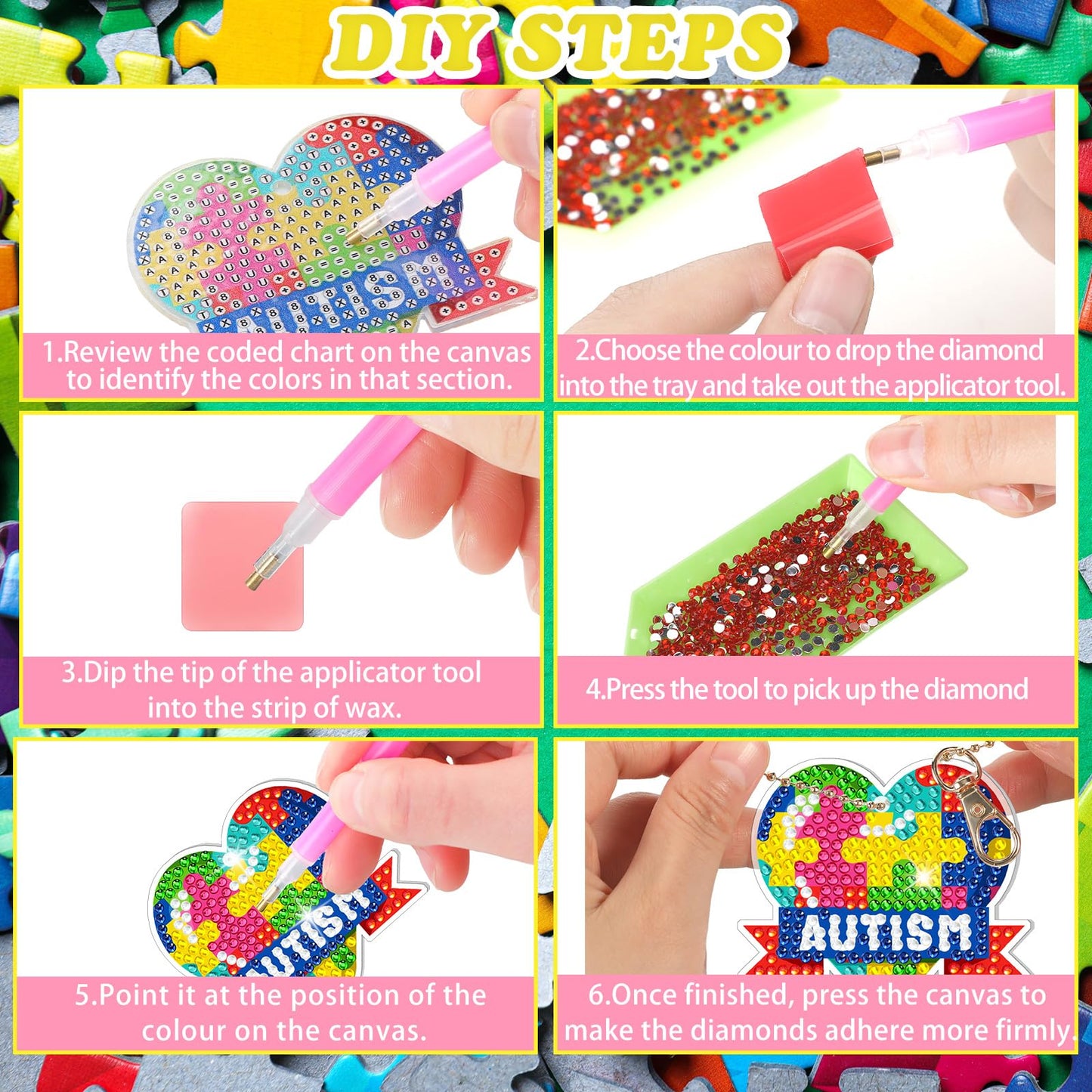 Landical 20 Pcs Autism Awareness Diamond Painting Keychain Autism Puzzle Diamond Art Keychain Kits DIY Keychain Aba Therapist Appreciation Gifts Keyring for Autism Gift Special Education Teacher Gift