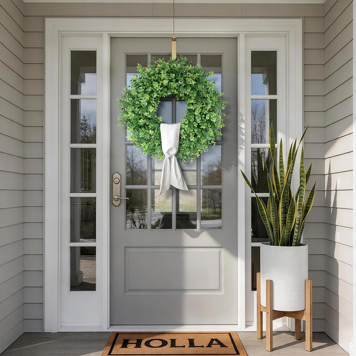 26" Artificial Eucalyptus Wreath with Sash for Front Door, Porch, Window - Large Faux Eucalyptus Leaves Greenery Outdoor Wreath for Home, Farmhouse Decor - Spring, Summer, All Seasons (Green)