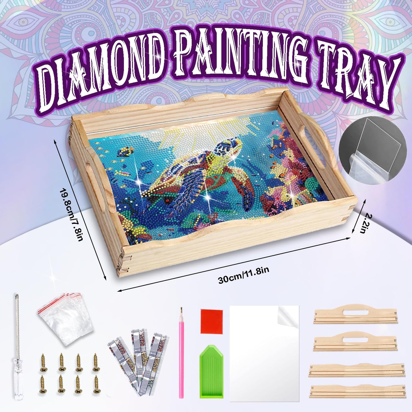 EWJRNSF Diamond Art Kits for Adults Wooden Serving Trays with Handles, 5D Diamond Painting Big Gem Arts and Craft Gifts Trays Decor Gift Home Decor 7.8x11.8 Inches Turtle A