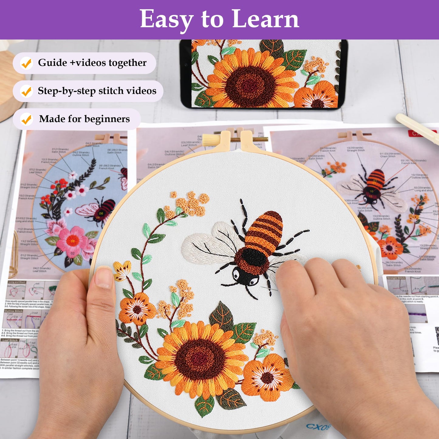 Uniartfy 3 Pack Bee Flower Embroidery Kits for Beginners, Cross Stitch Kit for Adults, DIY Needlepoint with Embroidery Hoop, Tools, Easy to Learn Video & Instructions, Hand Embroidery Starter Kit