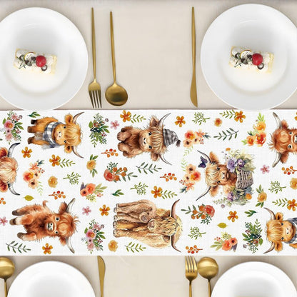 Heyfary Highland Cow Table Runner Spring Summer Fall Cowgirl Cowboy Floral Western Birthday Party Decorations Home Kitchen Dining Room Table Decor