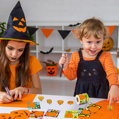 Haooryx Pumpkin Religious Sticker Roll - 300Pcs Make A Autumn Halloween Pumpkin Face Stickers Self Adhesive Waterproof Vinyl Water Bottle Page Activity Pad Fall Party Favor Scrapbook DIY Church Event