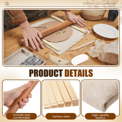 Baderke 20 Pcs Pottery Teaching Set, Includes 1 Wooden Rolling Pin, 10 Pottery Teaching Rolling Mud Stick Guide, 8 Clay Sculpting Tools, 1 Special Linen for Ceramic Clay Making