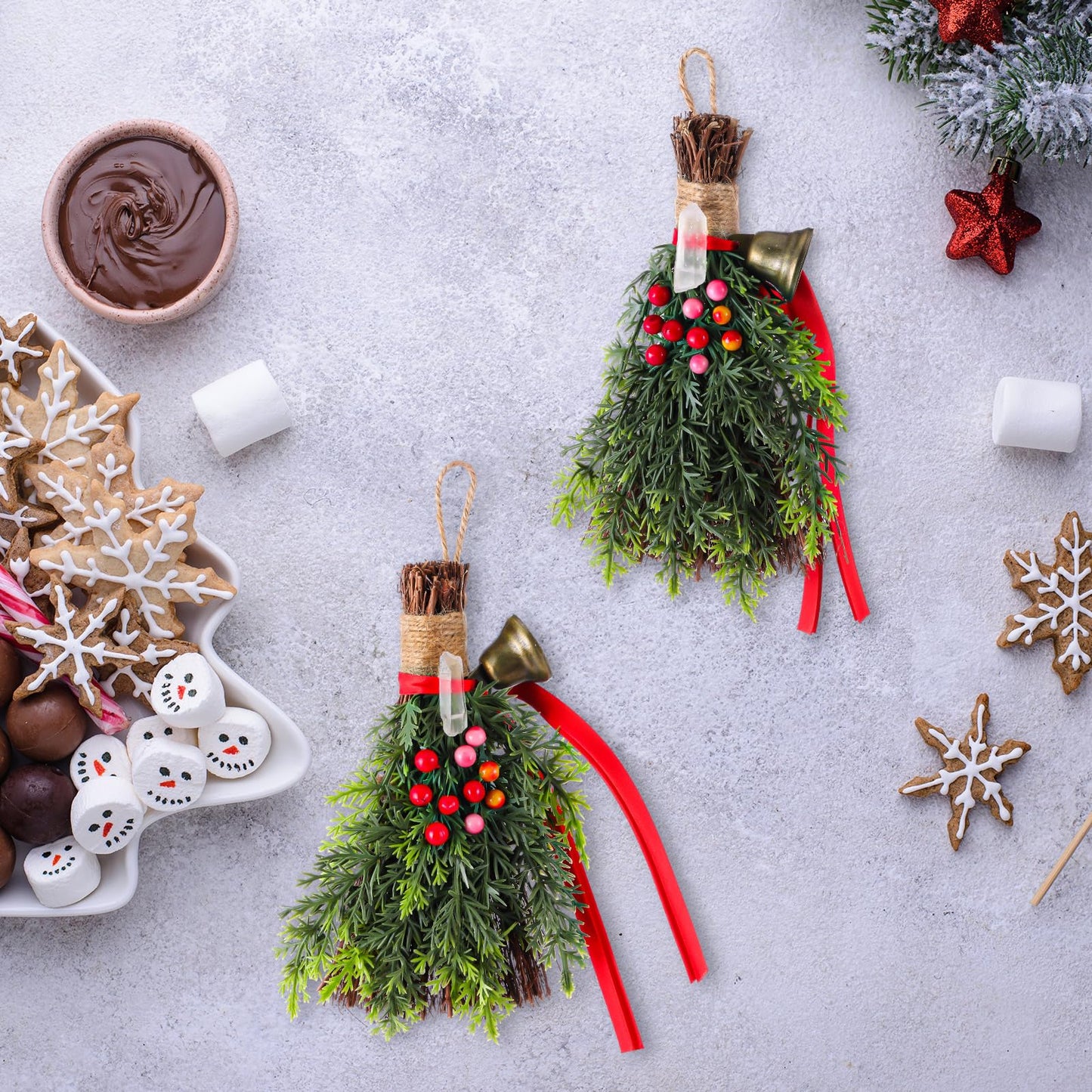 Jenaai 2 Pcs Yule Decorative Broom 6.7 Inch Pagan Christmas Decor Mini Witch Broom Handmade Pagan Broomstick with Crystal Holly Berry Jingle Bell Xmas Hanging Decor for Altar Door Protection Gift