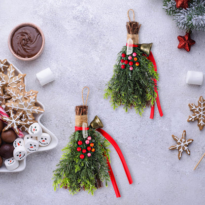 Jenaai 2 Pcs Yule Decorative Broom 6.7 Inch Pagan Christmas Decor Mini Witch Broom Handmade Pagan Broomstick with Crystal Holly Berry Jingle Bell Xmas Hanging Decor for Altar Door Protection Gift
